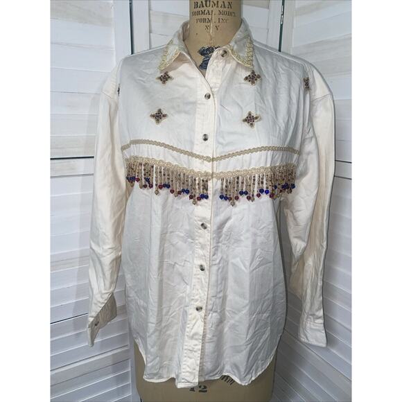 90s At Last Basics Shirt Beaded Aztec Button Up Long Sleeve Ivory Shirt Large - Picture 1 of 11